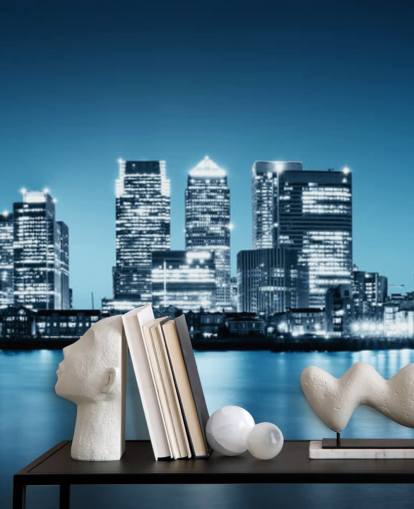 blue and white london skyline wall mural called Canary Wharf from Greenwich for offices
