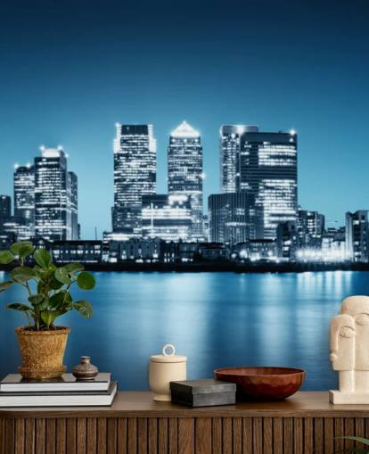 blue and white london skyline wall mural called Canary Wharf from Greenwich for offices