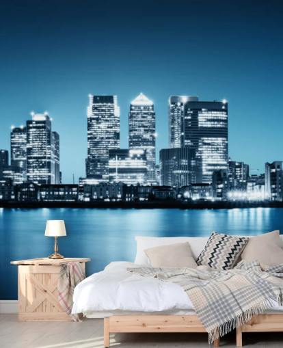 murale blu e bianco con lo skyline di Londra chiamato Canary Wharf di Greenwich per uffici murale blu e bianco con lo skyline di Londra chiamato Canary Wharf di Greenwich per uffici