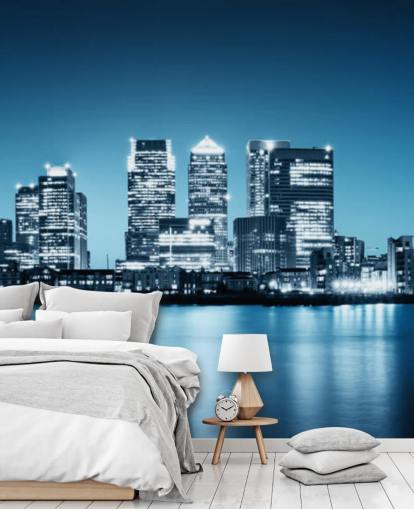 murale blu e bianco con lo skyline di Londra chiamato Canary Wharf di Greenwich per uffici murale blu e bianco con lo skyline di Londra chiamato Canary Wharf di Greenwich per uffici