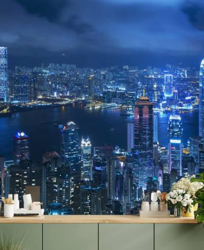 blå by natten tapet