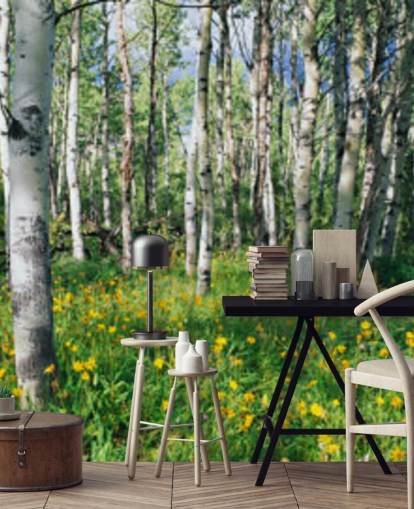 white birch tree woodland with wild yellow flowers wallpaper