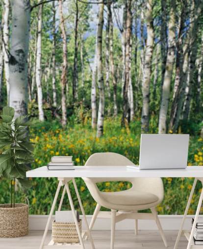 witte berkenboombos met wilde gele bloemen behang