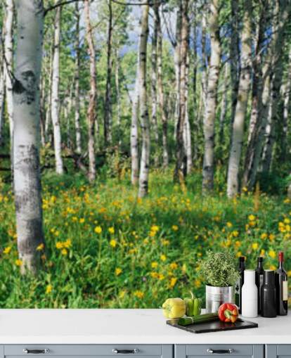bosque de abedul blanco con papel tapiz de flores amarillas silvestres