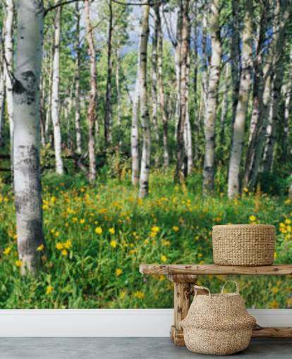 witte berkenboombos met wilde gele bloemen behang