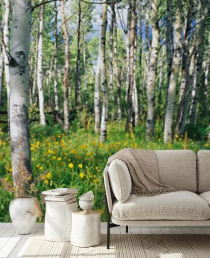 white birch tree woodland with wild yellow flowers wallpaper