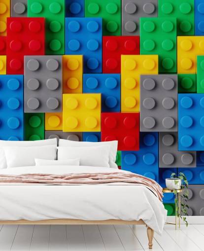 colorido mural de papel pintado para niños llamado Toy Brick Fun para dormitorios infantiles, salas de juegos y escuelas