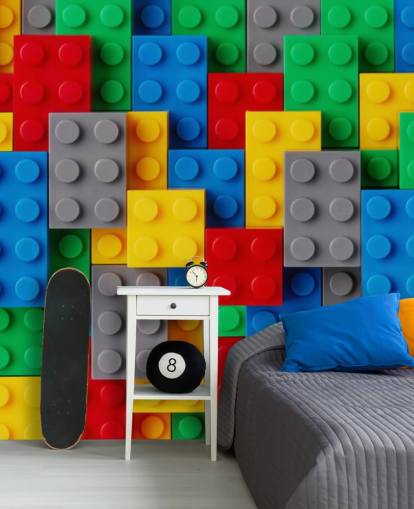 colorido mural de papel pintado para niños llamado Toy Brick Fun para dormitorios infantiles, salas de juegos y escuelas