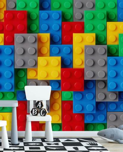 värikäs lasten taustakuvamaalaus nimeltä Toy Brick Fun lasten makuuhuoneisiin, leikkihuoneisiin ja kouluihin