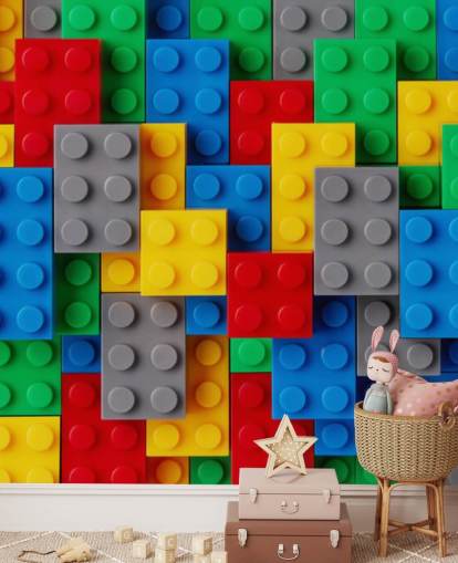 Buntes Tapeten-Wandbild für Kinder namens Toy Brick Fun für Kinderzimmer, Spielzimmer und Schulen