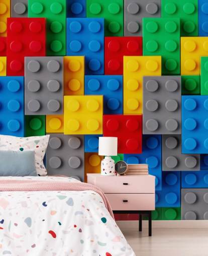 Buntes Tapeten-Wandbild für Kinder namens Toy Brick Fun für Kinderzimmer, Spielzimmer und Schulen