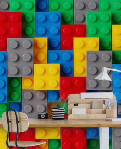 colorido mural de papel pintado para niños llamado Toy Brick Fun para dormitorios infantiles, salas de juegos y escuelas