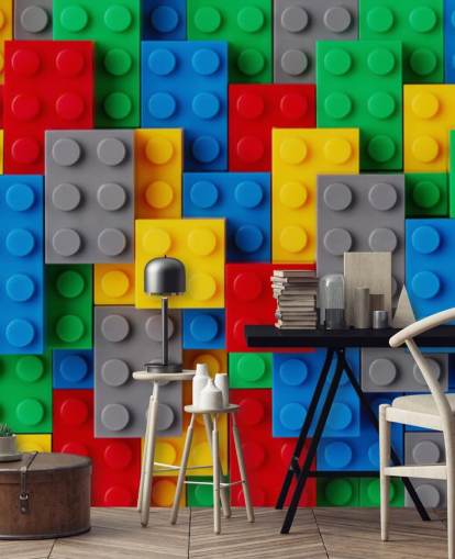 colorido mural de papel pintado para niños llamado Toy Brick Fun para dormitorios infantiles, salas de juegos y escuelas