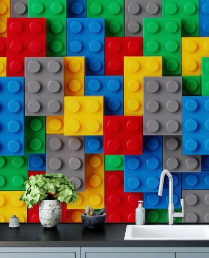 colorful kids wallpaper mural called Toy Brick Fun for kids bedrooms, playrooms and schools