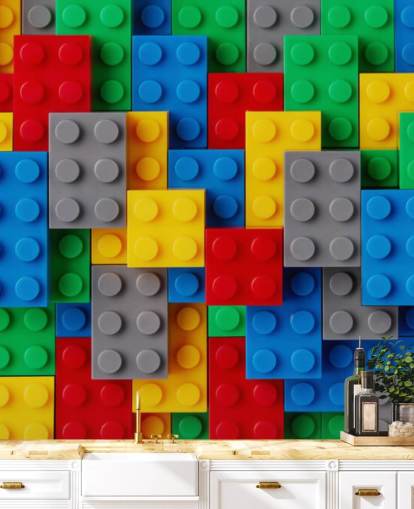 Buntes Tapeten-Wandbild für Kinder namens Toy Brick Fun für Kinderzimmer, Spielzimmer und Schulen