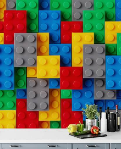 colorful kids wallpaper mural called Toy Brick Fun for kids bedrooms, playrooms and schools