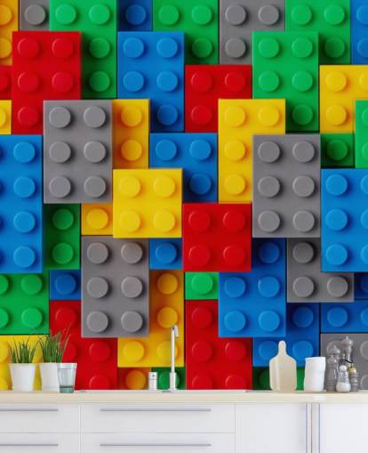 colorido mural de papel pintado para niños llamado Toy Brick Fun para dormitorios infantiles, salas de juegos y escuelas