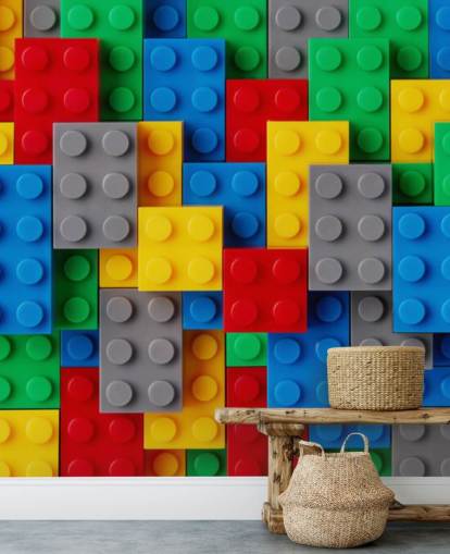 colorido mural de papel pintado para niños llamado Toy Brick Fun para dormitorios infantiles, salas de juegos y escuelas