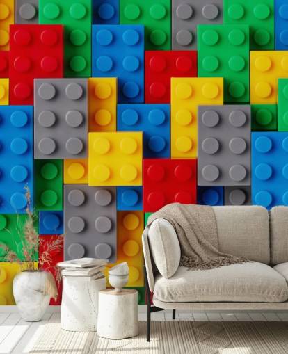 mural de papel de parede infantil colorido chamado Toy Brick Fun para quartos infantis, salas de jogos e escolas
