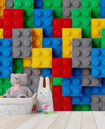 farverigt tapet til børn kaldet Toy Brick Fun til børns soveværelser, legerum og skoler