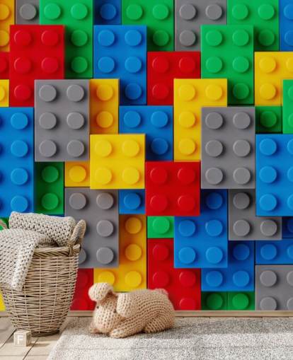 farverigt tapet til børn kaldet Toy Brick Fun til børns soveværelser, legerum og skoler