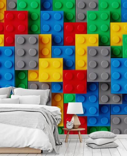 colorido mural de papel pintado para niños llamado Toy Brick Fun para dormitorios infantiles, salas de juegos y escuelas