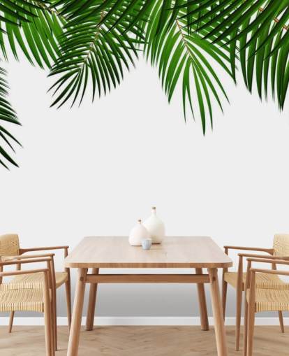 palm leaves at the top of a white background wall mural