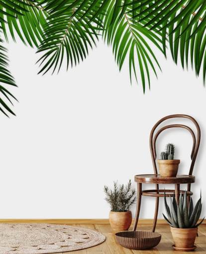 palmbladeren aan de bovenkant van een muurschildering met witte achtergrond