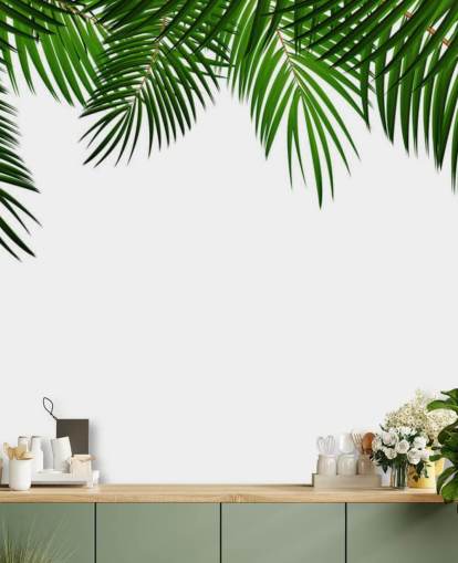 palm leaves at the top of a white background wall mural