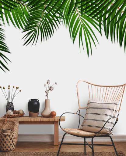 palm leaves at the top of a white background wall mural