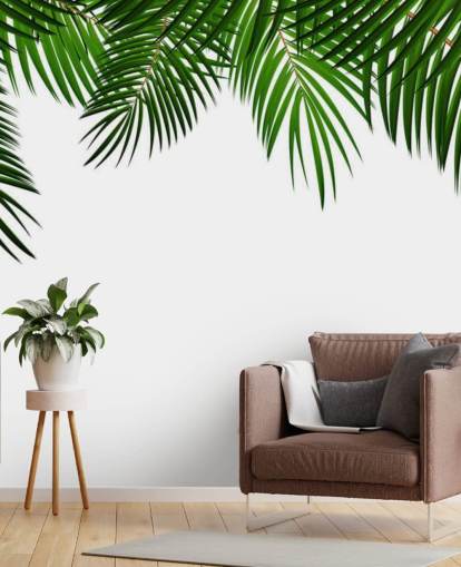 palmbladeren aan de bovenkant van een muurschildering met witte achtergrond