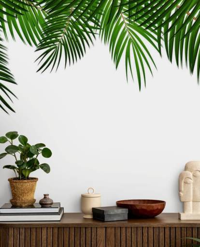 palm leaves at the top of a white background wall mural