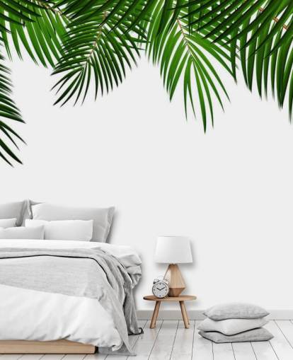 palm leaves at the top of a white background wall mural