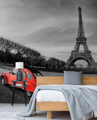 black and white photo of eiffel tower and red vintage car wallpaper