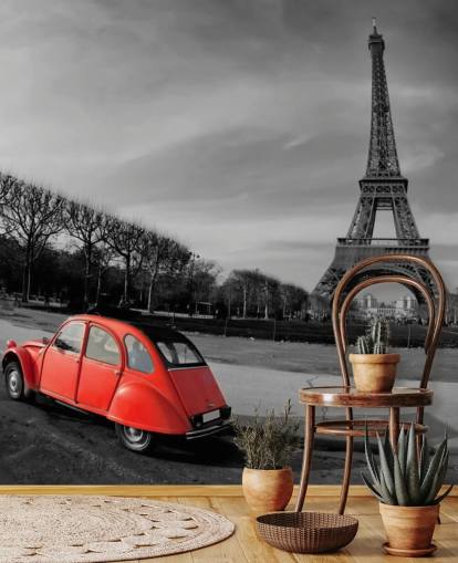 foto in bianco e nero della torre eiffel e carta da parati auto d'epoca rossa