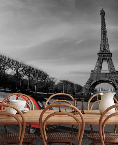 foto en blanco y negro de la torre eiffel y papel pintado rojo del coche vintage foto en blanco y negro de la torre eiffel y papel pintado rojo del coche vintage