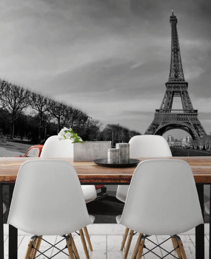 foto in bianco e nero della torre eiffel e carta da parati auto d'epoca rossa