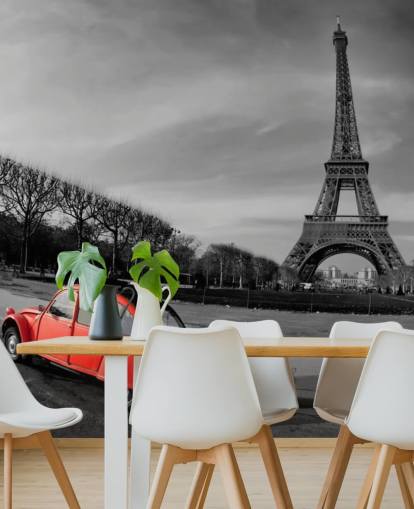 black and white photo of eiffel tower and red vintage car wallpaper