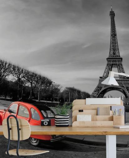 black and white photo of eiffel tower and red vintage car wallpaper black and white photo of eiffel tower and red vintage car wallpaper