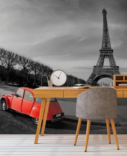 black and white photo of eiffel tower and red vintage car wallpaper