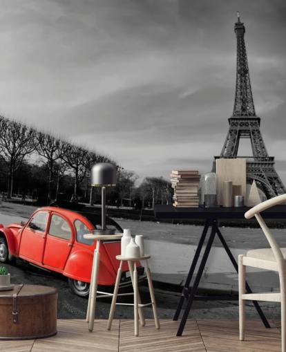 foto en blanco y negro de la torre eiffel y papel pintado rojo del coche vintage foto en blanco y negro de la torre eiffel y papel pintado rojo del coche vintage