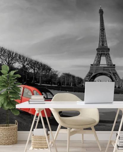 black and white photo of eiffel tower and red vintage car wallpaper