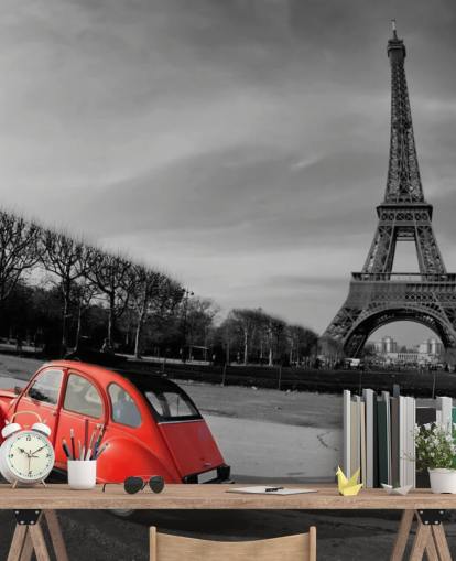 black and white photo of eiffel tower and red vintage car wallpaper