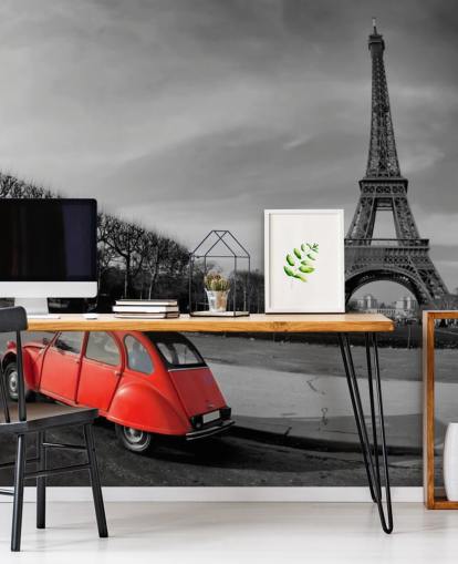 black and white photo of eiffel tower and red vintage car wallpaper black and white photo of eiffel tower and red vintage car wallpaper