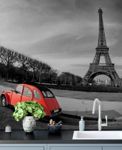 foto em preto e branco da torre eiffel e papel de parede vermelho do carro antigo foto em preto e branco da torre eiffel e papel de parede vermelho do carro antigo