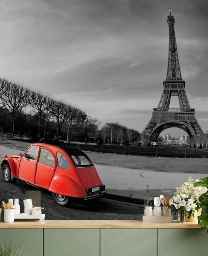 foto in bianco e nero della torre eiffel e carta da parati auto d'epoca rossa