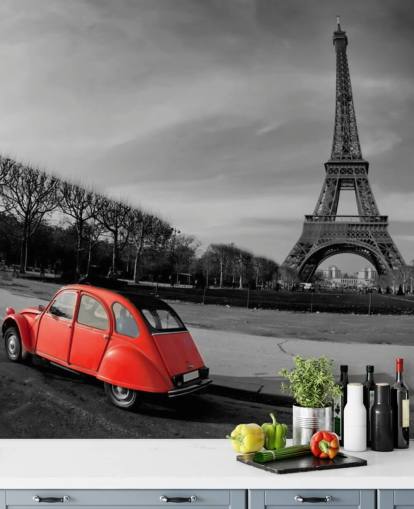 black and white photo of eiffel tower and red vintage car wallpaper