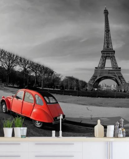 black and white photo of eiffel tower and red vintage car wallpaper