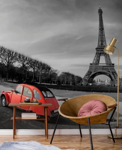 foto em preto e branco da torre eiffel e papel de parede vermelho do carro antigo