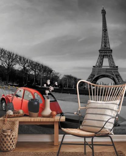 foto in bianco e nero della torre eiffel e carta da parati auto d'epoca rossa foto in bianco e nero della torre eiffel e carta da parati auto d'epoca rossa